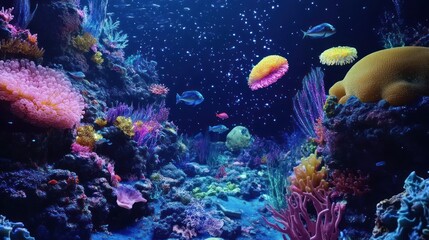 Obraz premium Vibrant coral reef teeming with life. Air bubbles rise through the water, illuminating the colorful coral and fish.