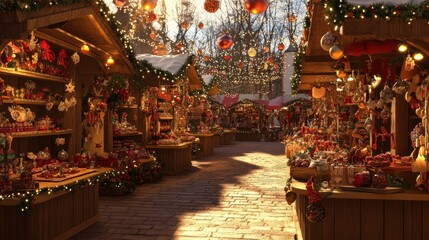 A bustling Christmas market with wooden stalls lined with festive decorations and ornaments, illuminated by warm light and surrounded by twinkling fairy lights.