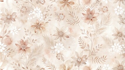 Fototapeta premium Watercolor Floral Pattern with Delicate Brown and White Blooms on a Soft Beige Background