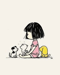 Girl Sitting with Pets in Playful Scene