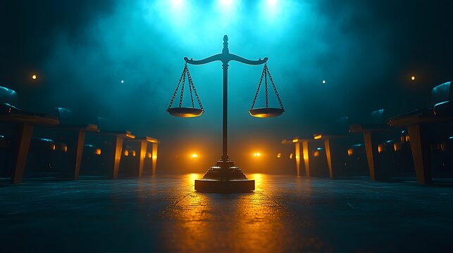 Justice in Balance The Symbol of Law Courtroom Photography Dramatic Lighting Central Perspective Legal Concept