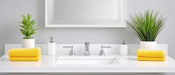 Minimalist Vanity Setup with Monochrome Decor and Clean White Countertops