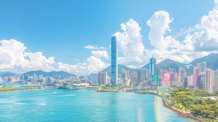 Naklejka premium A vibrant cityscape featuring skyscrapers and mountains under a bright sky.