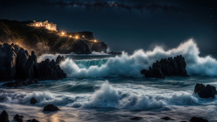 Obraz premium Nightfall Coastal Fortress