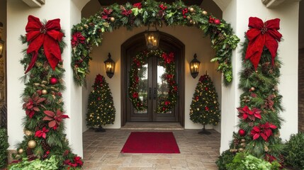 Fototapeta premium Red and green holiday decor creates a perfect festive border around an open white canvas.