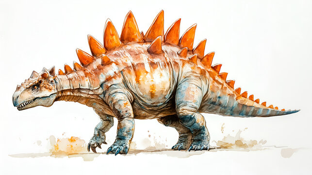 Watercolor Stegosaurus, illustration of an Ankylosaur with brown and orange scales on its back, walking sideways. White background