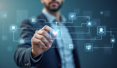 Obraz premium the businessman's hand puts a check mark on the virtual scoreboard
