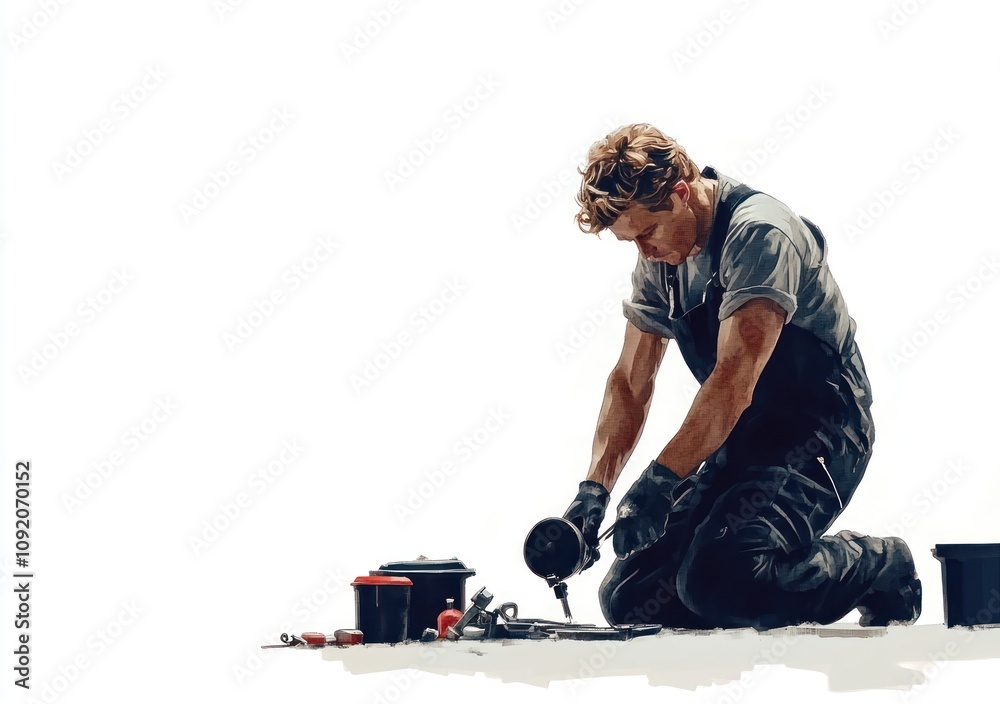 Poster a mechanic kneels while working on tools and equipment, focused on his task.