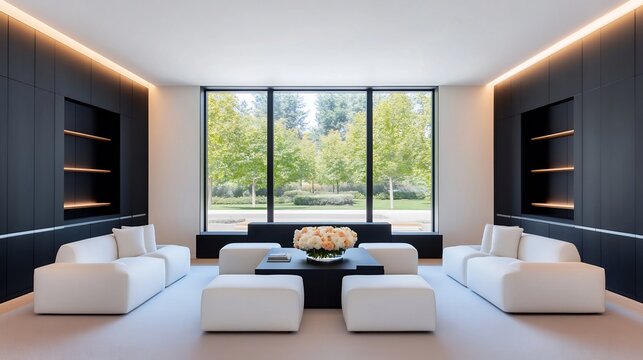 Compact and Stylish Home Office with Black Built ins and Soft Lighting