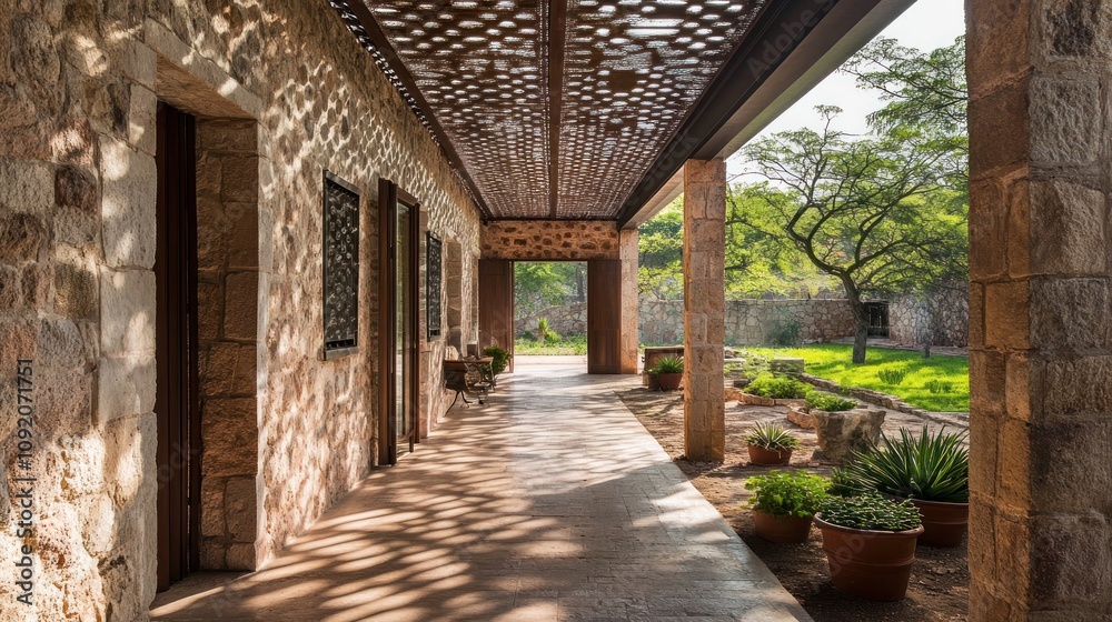 Poster A serene stone corridor with intricate patterns and lush greenery outside.