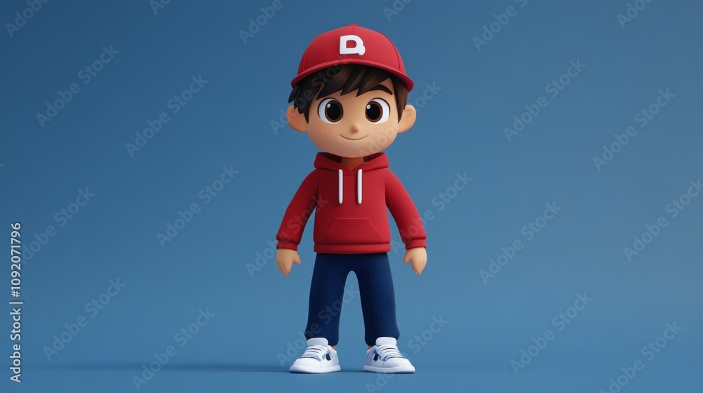 Poster a stylized 3d character of a boy in a red hoodie and cap, set against a blue background.