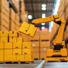 Fototapeta premium A Modern Robotic Arm Handling Packages in a Warehouse Full of Stacked Boxes, Showcasing Automation and Efficiency in Logistics Management Processes
