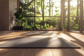 Fototapeta premium Sunlit Yoga Studio: Find Your Inner Peace. Tranquil space with mats, sunlight streaming through large windows, perfect for yoga and relaxation.