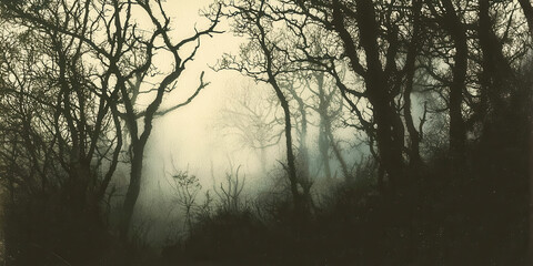 A forest with trees in the background and a foggy sky
