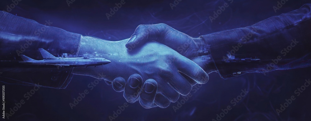 Poster A symbolic handshake representing partnership and collaboration in a technological context.