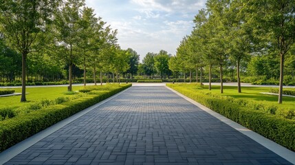 Fototapeta premium A minimalist modern park with a perfectly aligned brick path and geometric landscaping 