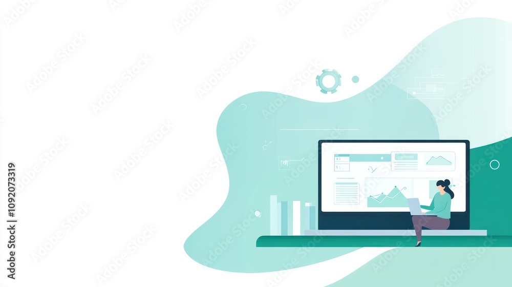 Poster a digital workspace illustration featuring a person working on a laptop beside a large screen.