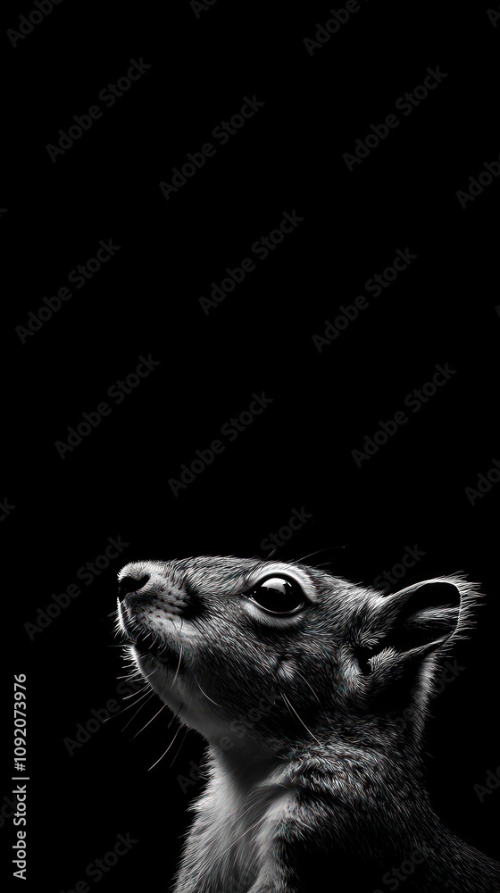 Poster a close-up profile of a squirrel against a black background, showcasing its features.
