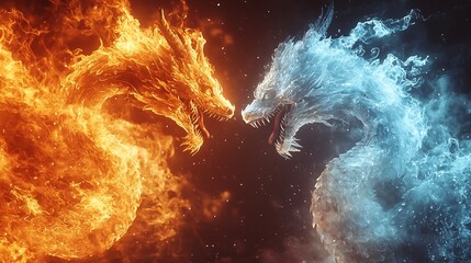 Fiery Clash of Mythical Ice and Fire Dragons in Dramatic Fantasy Battle