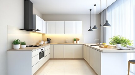 Compact Minimalist Kitchen with Neutral Cabinets and Pendant Lighting
