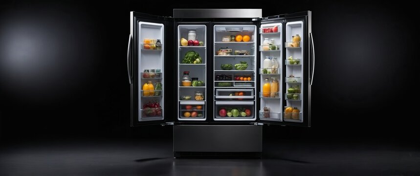 Modern refrigerator with organized shelves filled with fresh fruits, vegetables, and drinks, showcasing efficient food storage.