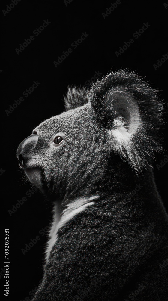 Poster a monochrome portrait of a koala, showcasing its distinctive features and fur texture.