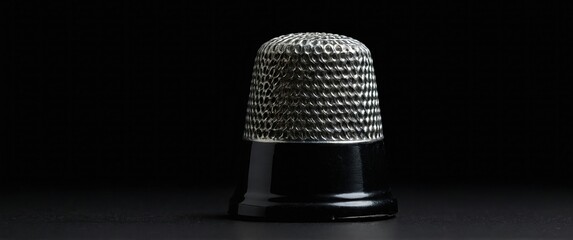 Detailed silver thimble on a dark background symbolizing sewing, craftsmanship, and creativity.