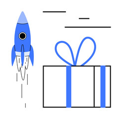 Blue rocket launching upward near a wrapped gift box. Minimalistic lines in background. Ideal for shipping, e-commerce, gift-giving, celebrations, innovation, surprises fast service. Line metaphor