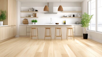 Bright and Minimalist Kitchen with Neutral Tones and Light Wood Flooring