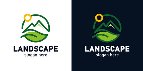 Landscape logo design. Mountain logo vector with Leaf and sun design graphic symbol icon