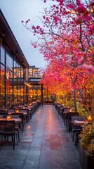 Fototapeta premium A vibrant outdoor dining area adorned with blooming pink trees.