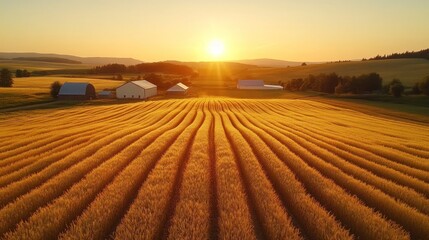 Obraz premium Golden Wheat Fields Under the Warm Glow of Sunset with Barns and Silhouetted Hills in the Background Creating a Picturesque Rural Landscape