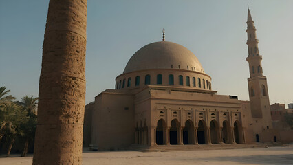 Obraz premium Mosque Church In Egypt View of the Catholic Church of Saint Francois de la Salleh with a mosque minaret in background in the city of Ismailia Egypt,