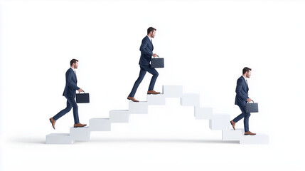 Fototapeta premium Climbing the Ladder of Success: Three confident businessmen ascend a staircase, each carrying a briefcase, symbolizing ambition, determination, and the pursuit of professional growth. 