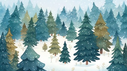 Obraz premium A serene winter landscape featuring evergreen trees blanketed in snow, creating a peaceful and magical winter scene.