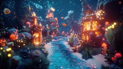 Fototapeta premium An underwater cityscape with glowing buildings and coral reefs.