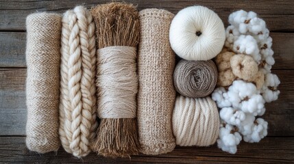 Fototapeta premium A flat lay of various natural fibers and yarn skeins arranged on a rustic wooden surface.