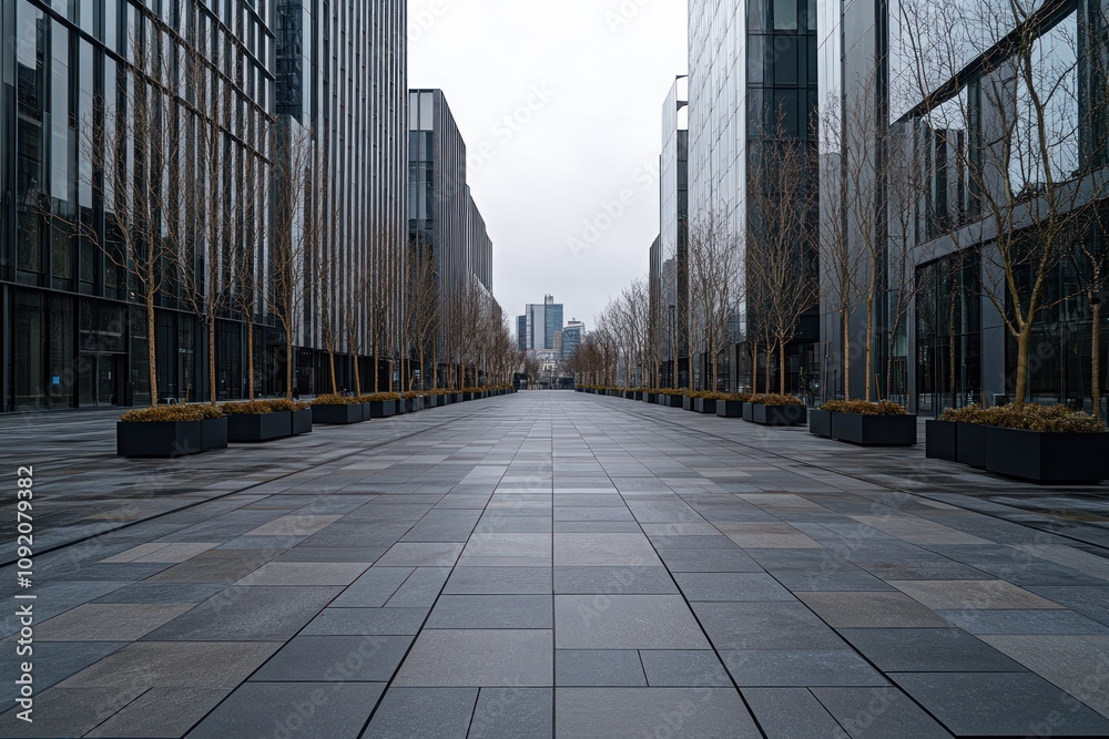 Aufkleber a modern urban pathway flanked by sleek buildings and trees, creating a tranquil atmosphere.