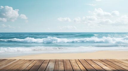 Fototapeta premium Empty natural summer beach view with ocean waves and wooden deck in the foreground, summer vacations background 