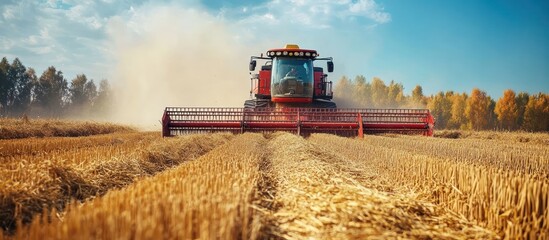 Obraz premium Red combine harvester cuts wheat in a field.