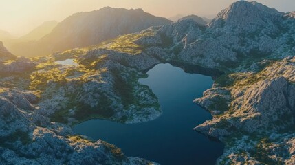 Obraz premium Aerial view of a mountain range with two lakes at sunset.