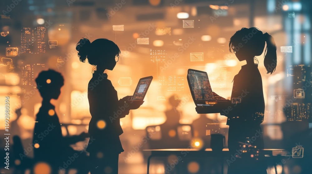 Poster Silhouettes of individuals using laptops in a modern workspace with digital overlays.