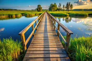 Fototapeta premium Wooden bridge on a meadow disappearing into the distance with reflection