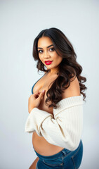Fototapeta premium Alluring and elegant female streamer with a curvy body, exuding passion, charm, and femininity while creating exclusive content for vibrant online entertainment.