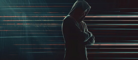 A hacker in a black hood with crossed arms and scary.