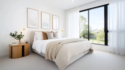 Fototapeta premium Cozy Neutral Toned Bedroom with Wooden Accents and Natural Lighting