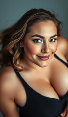 Fototapeta premium Stylish and glamorous young woman with a curvy body, exuding beauty, passion, and sensuality while creating exclusive content for modern online creativity.
