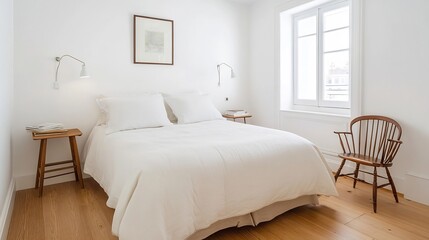 Obraz premium Minimalist Bedroom with Neutral Palette and Warm Wooden Accents