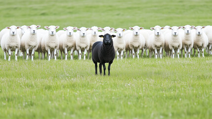 Fototapeta premium Black Sheep Among White Sheep in a Green Field 