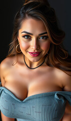 Fototapeta premium Tanned and charming female streamer with a curvy figure, showcasing beauty, joy, and confidence while creating exclusive content for vibrant online entertainment.